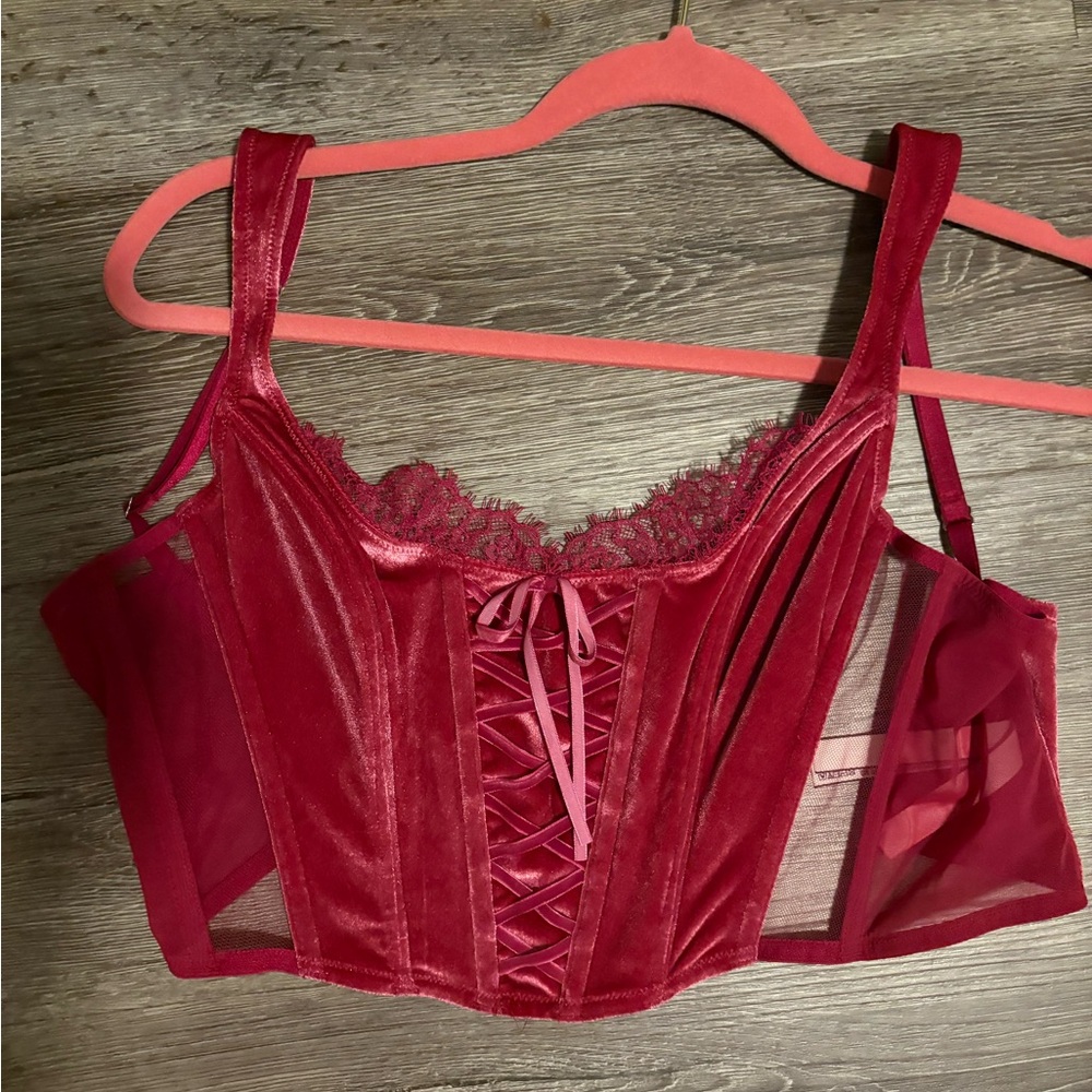 Victoria's Secret Red Velvet Lace-Up Corset Bra